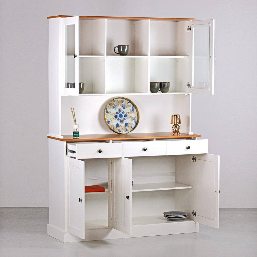 Credenza con vetrinetta 5 ante e 3 cassetti 128x197 cm in legno bianco e noce
