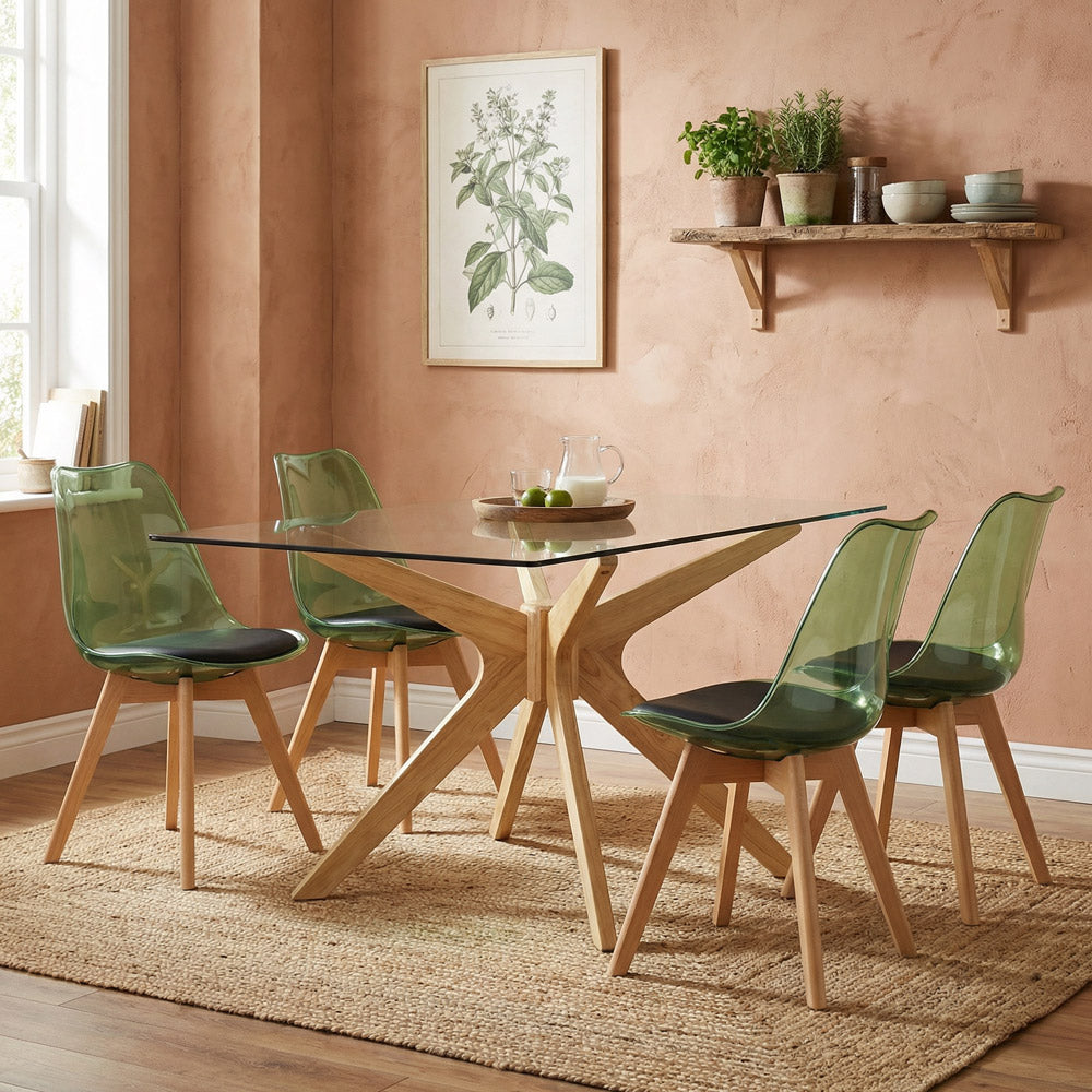 Tavolo da sala con top in vetro e gambe in legno incrociate - Candice