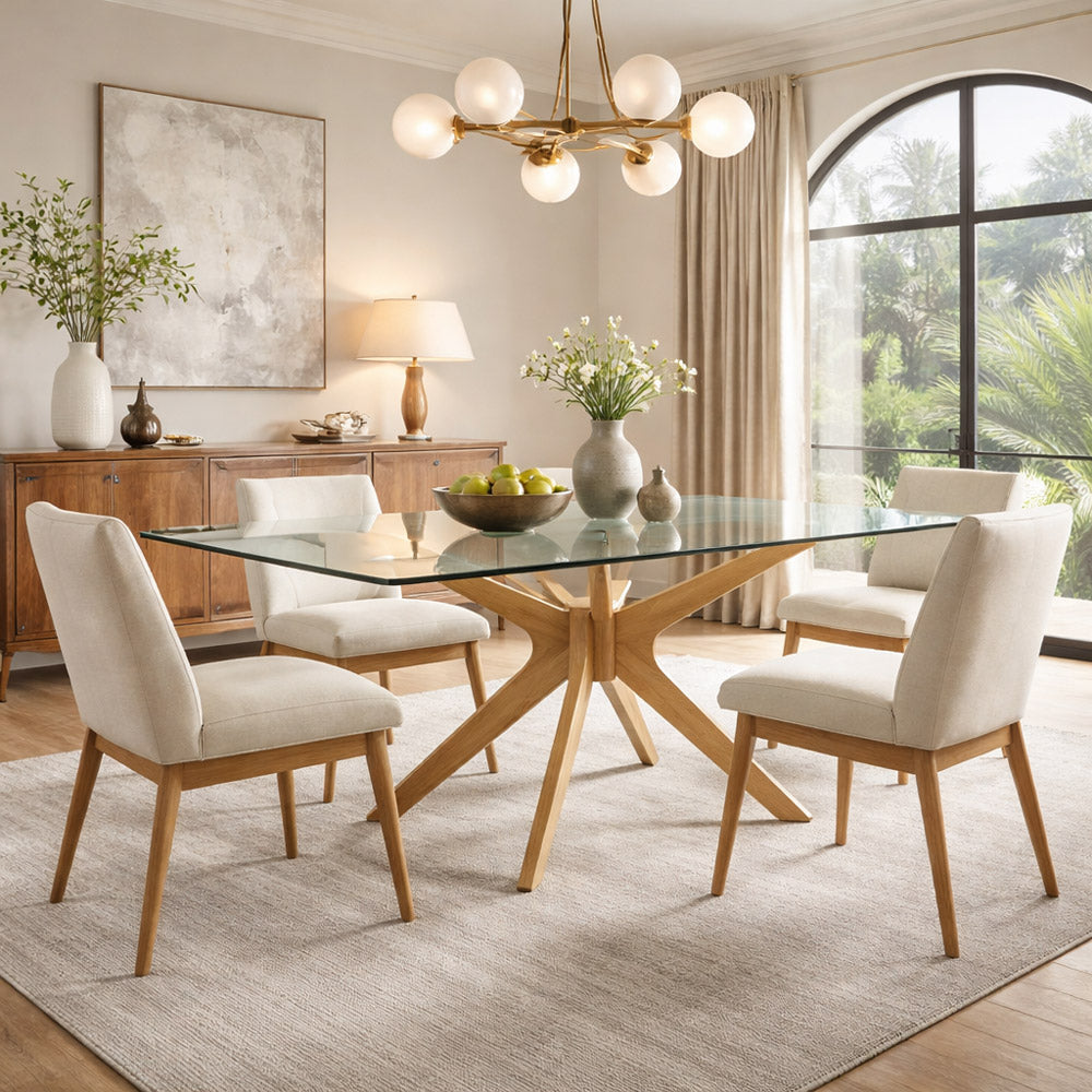Tavolo da sala con top in vetro e gambe in legno incrociate - Candice