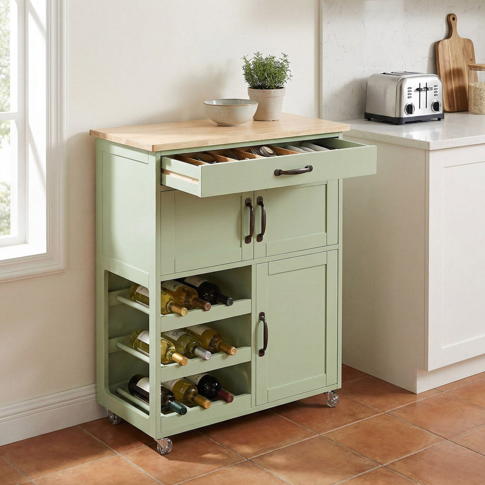 Credenza portabottiglie con cassetti e ante salvia con top in legno – Febe